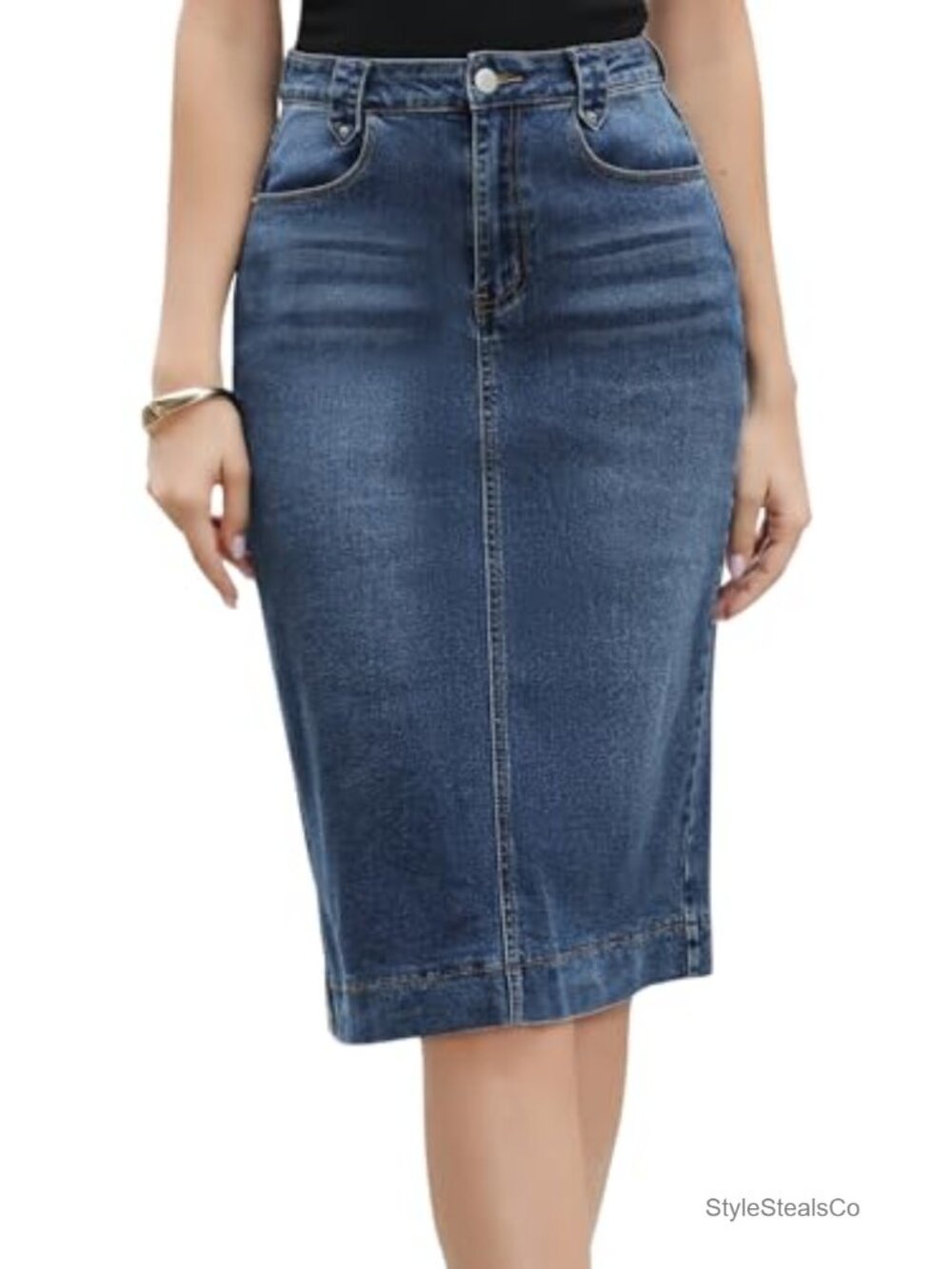 High Waist Denim Pencil Skirt Knee Length Split Back Pockets Wear to Work